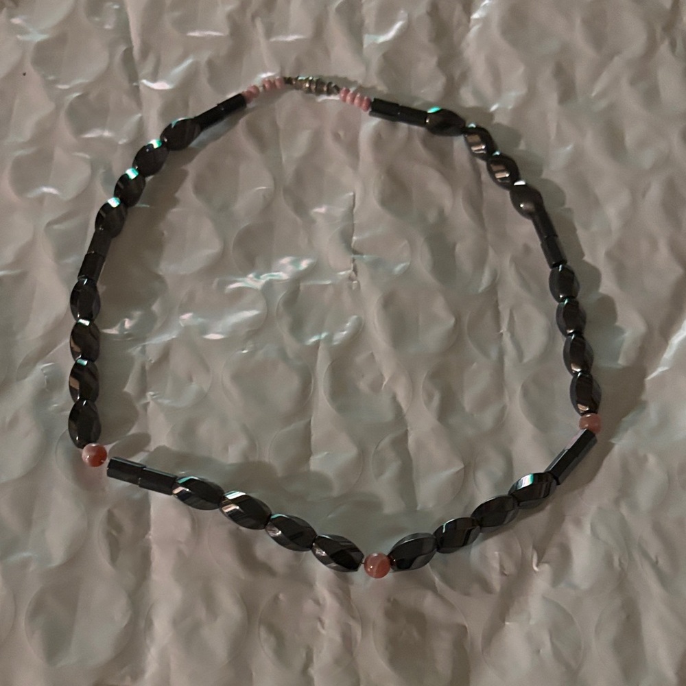 Hematite Beaded Necklace with Pink Accent Beads